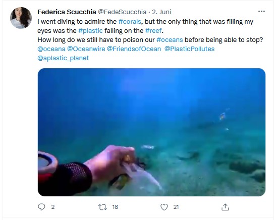 pinned tweet @FedeScucchia (diving and plastic falling on the reef)